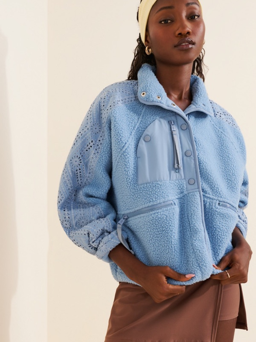 Free People Hit The Slopes Eyelet Lace Embroidered Light Blue Sherpa Jacket XS